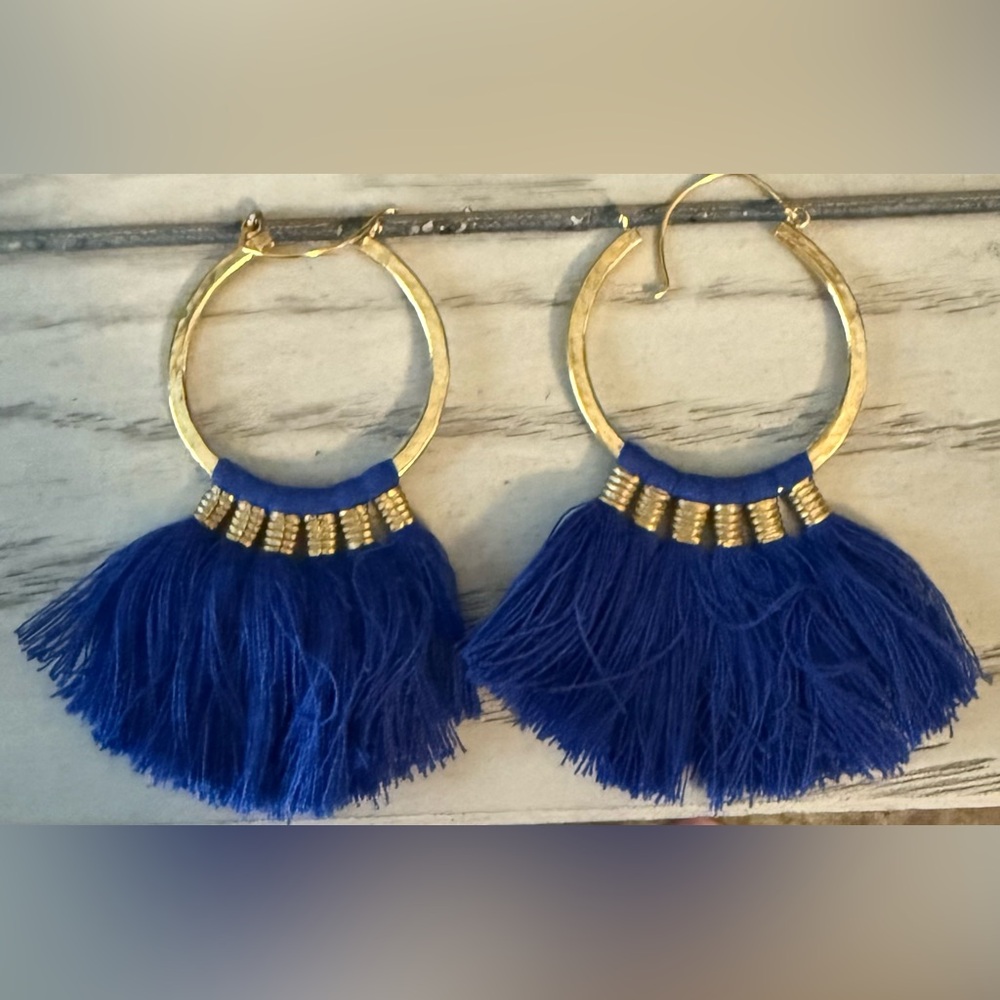 Gold and Blue Tassel Hoop Earrings